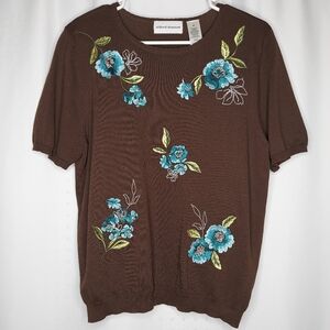Vtg Embroidered Sweater Medium Floral Short Sleeve Brown Teal Nylon Stretch Knit